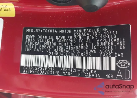 2011 Toyota Corolla S from USA, damaged, VIN 2T1BU4EE5BC708875